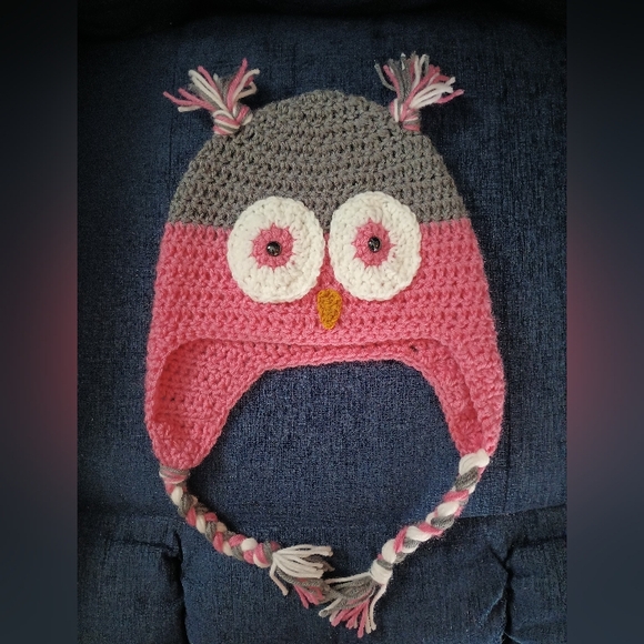 Source Unknown Accessories - Handmade Owl Winter Hat Crochet Knit Pink Gray White Toboggan Adult Ladies Size